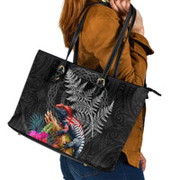 New Zealand Tuatara Leather Tote Bag Silver Fern Hibiscus and Tribal Maori Pattern Black Color