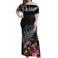 New Zealand Tuatara Off Shoulder Maxi Dress Silver Fern Hibiscus and Tribal Maori Pattern Black Color LT03 Women Black - Polynesian Pride
