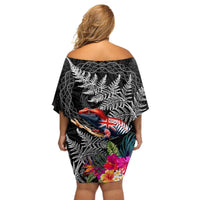 New Zealand Tuatara Off Shoulder Short Dress Silver Fern Hibiscus and Tribal Maori Pattern Black Color LT03 - Polynesian Pride