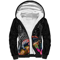 New Zealand Tuatara Sherpa Hoodie Silver Fern Hibiscus and Tribal Maori Pattern Black Color LT03 Unisex Black - Polynesian Pride