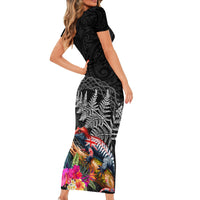 New Zealand Tuatara Short Sleeve Bodycon Dress Silver Fern Hibiscus and Tribal Maori Pattern Black Color LT03 - Polynesian Pride