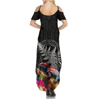 New Zealand Tuatara Summer Maxi Dress Silver Fern Hibiscus and Tribal Maori Pattern Black Color LT03 - Polynesian Pride