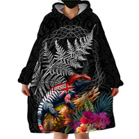 New Zealand Tuatara Wearable Blanket Hoodie Silver Fern Hibiscus and Tribal Maori Pattern Black Color LT03 - Polynesian Pride