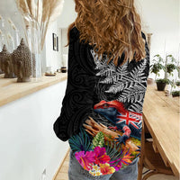 New Zealand Tuatara Women Casual Shirt Silver Fern Hibiscus and Tribal Maori Pattern Black Color LT03 - Polynesian Pride