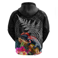 New Zealand Tuatara Zip Hoodie Silver Fern Hibiscus and Tribal Maori Pattern Black Color LT03 - Polynesian Pride