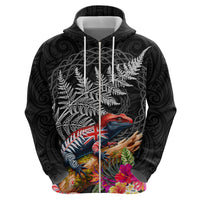 New Zealand Tuatara Zip Hoodie Silver Fern Hibiscus and Tribal Maori Pattern Black Color LT03 - Polynesian Pride