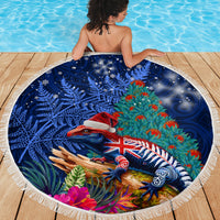 New Zealand Tuatara Christmas Beach Blanket Silver Fern and Xmas Pohutukawa Tree Blue Color