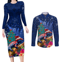 New Zealand Tuatara Christmas Couples Matching Long Sleeve Bodycon Dress and Long Sleeve Button Shirt Silver Fern and Xmas Pohutukawa Tree Blue Color LT03 Blue - Polynesian Pride
