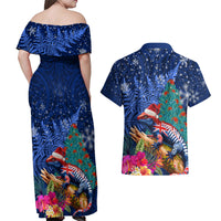 New Zealand Tuatara Christmas Couples Matching Off Shoulder Maxi Dress and Hawaiian Shirt Silver Fern and Xmas Pohutukawa Tree Blue Color LT03 - Polynesian Pride
