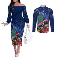 New Zealand Tuatara Christmas Couples Matching Off The Shoulder Long Sleeve Dress and Long Sleeve Button Shirt Silver Fern and Xmas Pohutukawa Tree Blue Color LT03 Blue - Polynesian Pride