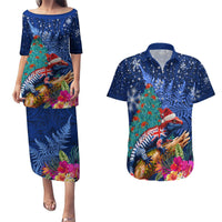New Zealand Tuatara Christmas Couples Matching Puletasi and Hawaiian Shirt Silver Fern and Xmas Pohutukawa Tree Blue Color LT03 Blue - Polynesian Pride
