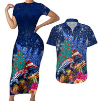 New Zealand Tuatara Christmas Couples Matching Short Sleeve Bodycon Dress and Hawaiian Shirt Silver Fern and Xmas Pohutukawa Tree Blue Color LT03 Blue - Polynesian Pride