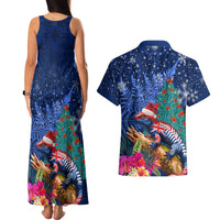 New Zealand Tuatara Christmas Couples Matching Tank Maxi Dress and Hawaiian Shirt Silver Fern and Xmas Pohutukawa Tree Blue Color LT03 - Polynesian Pride