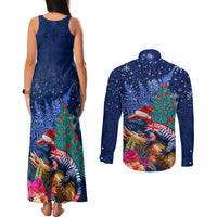 New Zealand Tuatara Christmas Couples Matching Tank Maxi Dress and Long Sleeve Button Shirt Silver Fern and Xmas Pohutukawa Tree Blue Color LT03 - Polynesian Pride