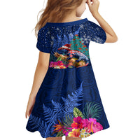 New Zealand Tuatara Christmas Family Matching Long Sleeve Bodycon Dress and Hawaiian Shirt Silver Fern and Xmas Pohutukawa Tree Blue Color