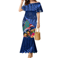 New Zealand Tuatara Christmas Family Matching Mermaid Dress and Hawaiian Shirt Silver Fern and Xmas Pohutukawa Tree Blue Color LT03 Mom's Dress Blue - Polynesian Pride