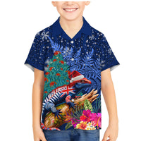 New Zealand Tuatara Christmas Family Matching Mermaid Dress and Hawaiian Shirt Silver Fern and Xmas Pohutukawa Tree Blue Color LT03 Son's Shirt Blue - Polynesian Pride