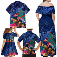 New Zealand Tuatara Christmas Family Matching Off Shoulder Maxi Dress and Hawaiian Shirt Silver Fern and Xmas Pohutukawa Tree Blue Color LT03 - Polynesian Pride