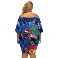 New Zealand Tuatara Christmas Family Matching Off Shoulder Short Dress and Hawaiian Shirt Silver Fern and Xmas Pohutukawa Tree Blue Color LT03 - Polynesian Pride