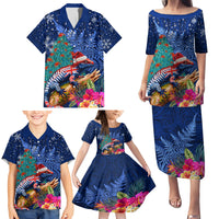 New Zealand Tuatara Christmas Family Matching Puletasi and Hawaiian Shirt Silver Fern and Xmas Pohutukawa Tree Blue Color LT03 - Polynesian Pride
