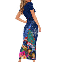 New Zealand Tuatara Christmas Family Matching Short Sleeve Bodycon Dress and Hawaiian Shirt Silver Fern and Xmas Pohutukawa Tree Blue Color LT03 - Polynesian Pride