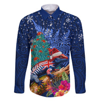 New Zealand Tuatara Christmas Family Matching Tank Maxi Dress and Hawaiian Shirt Silver Fern and Xmas Pohutukawa Tree Blue Color