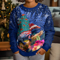 New Zealand Tuatara Christmas Kid Ugly Christmas Sweater Silver Fern and Xmas Pohutukawa Tree Blue Color LT03 - Polynesian Pride