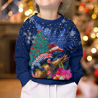 New Zealand Tuatara Christmas Kid Ugly Christmas Sweater Silver Fern and Xmas Pohutukawa Tree Blue Color LT03 - Polynesian Pride