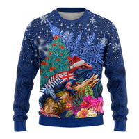 New Zealand Tuatara Christmas Ugly Christmas Sweater Silver Fern and Xmas Pohutukawa Tree Blue Color LT03 - Polynesian Pride