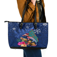 New Zealand Tuatara Christmas Leather Tote Bag Silver Fern and Xmas Pohutukawa Tree Blue Color LT03 - Polynesian Pride