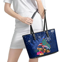 New Zealand Tuatara Christmas Leather Tote Bag Silver Fern and Xmas Pohutukawa Tree Blue Color LT03 - Polynesian Pride
