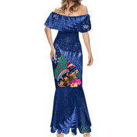 New Zealand Tuatara Christmas Mermaid Dress Silver Fern and Xmas Pohutukawa Tree Blue Color LT03 - Polynesian Pride