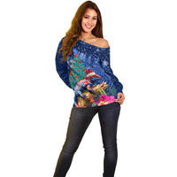 New Zealand Tuatara Christmas Off Shoulder Sweater Silver Fern and Xmas Pohutukawa Tree Blue Color