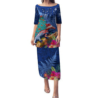 New Zealand Tuatara Christmas Puletasi Silver Fern and Xmas Pohutukawa Tree Blue Color LT03 Long Dress Blue - Polynesian Pride