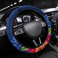 New Zealand Tuatara Christmas Steering Wheel Cover Silver Fern and Xmas Pohutukawa Tree Blue Color LT03 Universal Fit Blue - Polynesian Pride