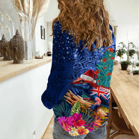 New Zealand Tuatara Christmas Women Casual Shirt Silver Fern and Xmas Pohutukawa Tree Blue Color LT03 - Polynesian Pride