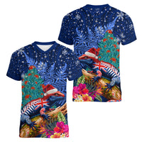 New Zealand Tuatara Christmas Women V-Neck T-Shirt Silver Fern and Xmas Pohutukawa Tree Blue Color