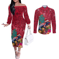 New Zealand Tuatara Christmas Couples Matching Off The Shoulder Long Sleeve Dress and Long Sleeve Button Shirt Silver Fern and Xmas Pohutukawa Tree Red Color LT03 Red - Polynesian Pride