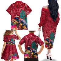 New Zealand Tuatara Christmas Family Matching Off The Shoulder Long Sleeve Dress and Hawaiian Shirt Silver Fern and Xmas Pohutukawa Tree Red Color LT03 - Polynesian Pride