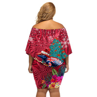 New Zealand Tuatara Christmas Family Matching Off Shoulder Short Dress and Hawaiian Shirt Silver Fern and Xmas Pohutukawa Tree Red Color LT03 - Polynesian Pride