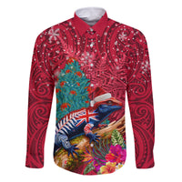 New Zealand Tuatara Christmas Family Matching Summer Maxi Dress and Hawaiian Shirt Silver Fern and Xmas Pohutukawa Tree Red Color LT03 Dad's Shirt - Long Sleeve Red - Polynesian Pride