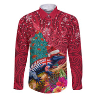 New Zealand Tuatara Christmas Family Matching Tank Maxi Dress and Hawaiian Shirt Silver Fern and Xmas Pohutukawa Tree Red Color