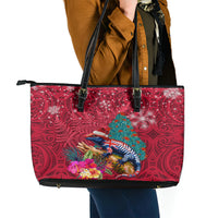 New Zealand Tuatara Christmas Leather Tote Bag Silver Fern and Xmas Pohutukawa Tree Red Color LT03 - Polynesian Pride