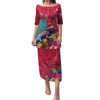 New Zealand Tuatara Christmas Puletasi Silver Fern and Xmas Pohutukawa Tree Red Color LT03 Long Dress Red - Polynesian Pride