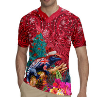 New Zealand Tuatara Christmas Rugby Jersey Silver Fern and Xmas Pohutukawa Tree Red Color LT03 - Polynesian Pride