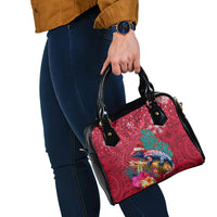 New Zealand Tuatara Christmas Shoulder Handbag Silver Fern and Xmas Pohutukawa Tree Red Color LT03 - Polynesian Pride