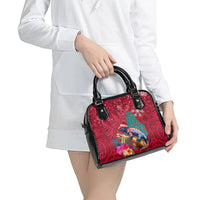 New Zealand Tuatara Christmas Shoulder Handbag Silver Fern and Xmas Pohutukawa Tree Red Color LT03 - Polynesian Pride