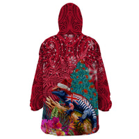 New Zealand Tuatara Christmas Wearable Blanket Hoodie Silver Fern and Xmas Pohutukawa Tree Red Color LT03 - Polynesian Pride