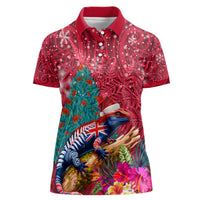 New Zealand Tuatara Christmas Women Polo Shirt Silver Fern and Xmas Pohutukawa Tree Red Color LT03 Female Red - Polynesian Pride