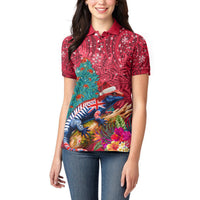 New Zealand Tuatara Christmas Women Polo Shirt Silver Fern and Xmas Pohutukawa Tree Red Color LT03 - Polynesian Pride